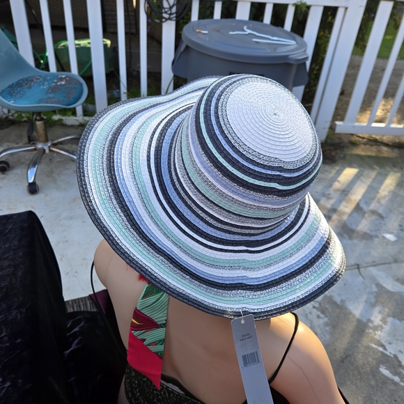Accessory Street Aqua Mist Wide Brim Sun Hat Metallic Stripe Floppy Hat - Picture 5 of 12
